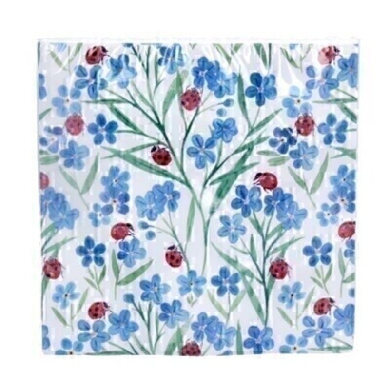 Gorgeous blue and red napkin with a forget-me-not and ladybird design. 20 paper napkins in a pack. 3-ply. Size: 16x16cm. Made by London based designer Gisela Graham who designs really beautiful gifts for your home and garden. Matching items availale.